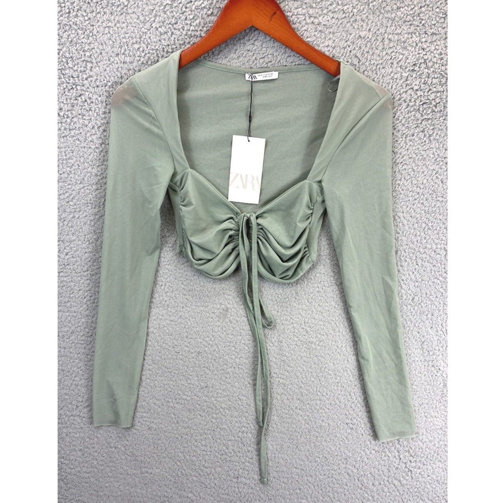 Zara Ruched Front Crop Top Womens M Sage Green Long Sleeve Party Knit Tie NWT